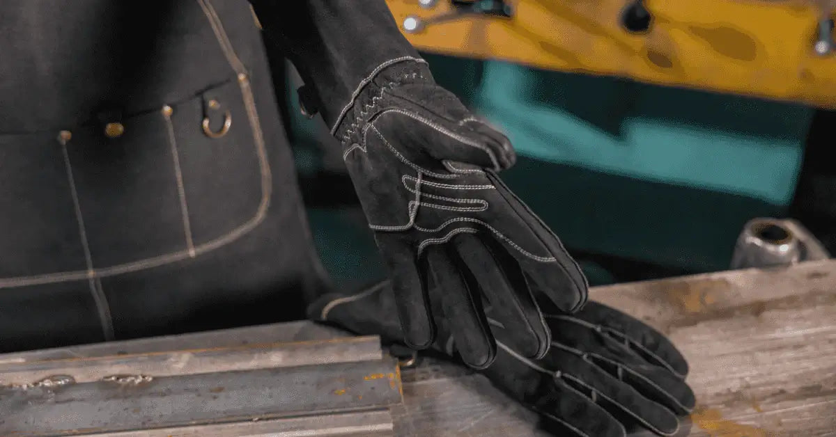 Black nubuck 1898 Leather welding gloves resting on a steel beam in front of a leather welding apron